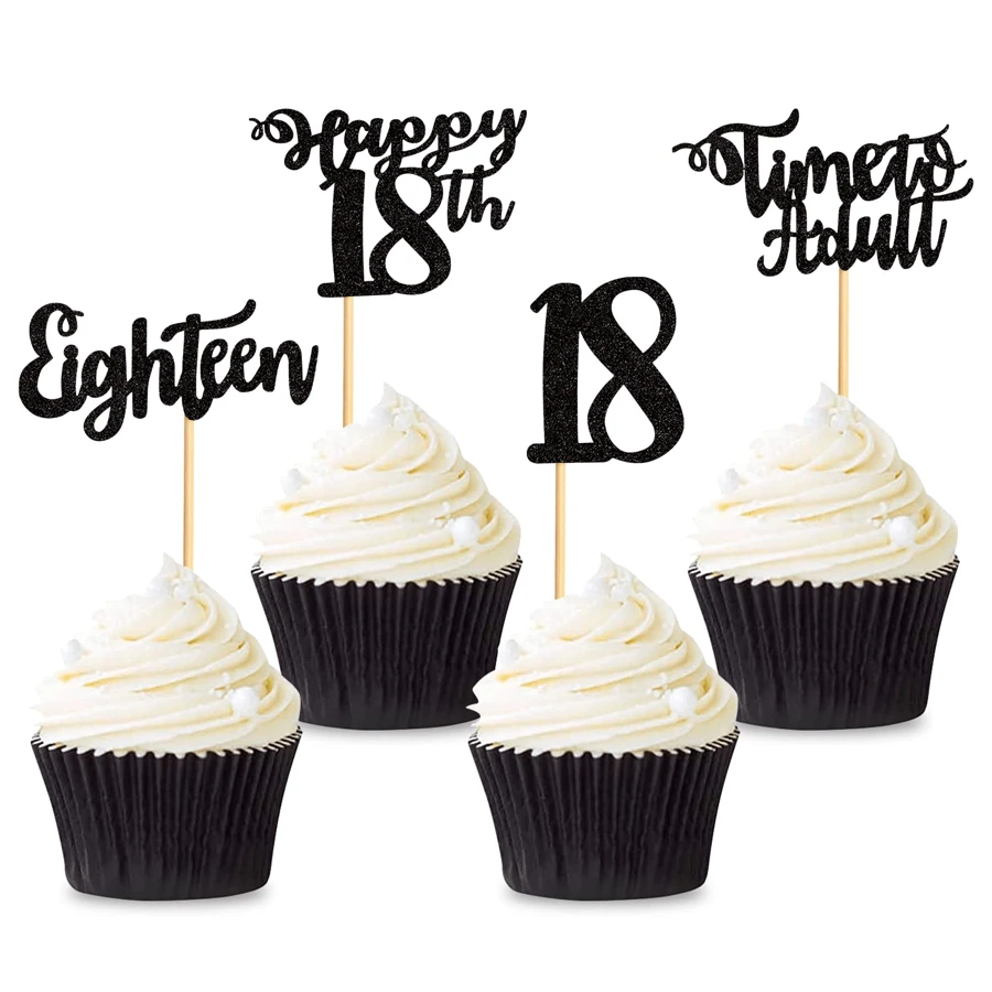 12pcs Shining Black 18th Birthday Cupcake Toppers Cake Decorations, Sweet 16 Party Supplies, 18th Anniversary Celebration Decorations