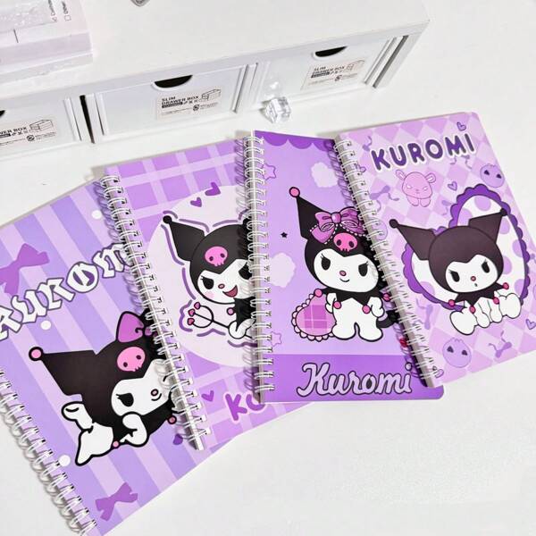 Sanrio Caderno espiral Kuromi A5 de 1 peça, caderno espiral roxo Kuromi de desenho animado, caderno grosso de desenho animado, papelaria fofa e acessível, estampa aleatória, material escolar, volta às aulas