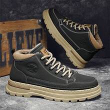 男士靴子冬季保暖毛绒厚底防滑耐磨中帮靴，时尚青年摩托车靴休闲运动鞋 - 深灰色 - 查看 1