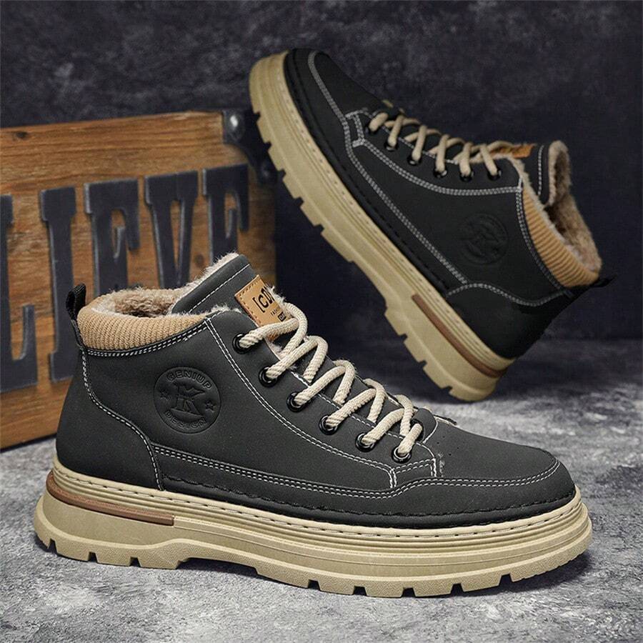 男士靴子冬季保暖毛绒厚底防滑耐磨中帮靴，时尚青年摩托车靴休闲运动鞋 - 深灰色 - 查看 1