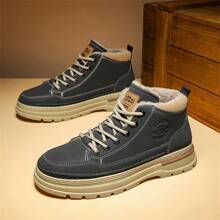 男士靴子冬季保暖毛绒厚底防滑耐磨中帮靴，时尚青年摩托车靴休闲运动鞋 - 深灰色 - 查看 3