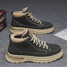 男士靴子冬季保暖毛绒厚底防滑耐磨中帮靴，时尚青年摩托车靴休闲运动鞋 - 深灰色 - 查看 4