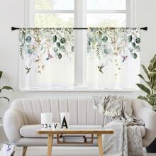 2 panele zielone rośliny i kolibry przezroczyste zasłony, półprzezroczyste z kieszenią na drążek, odpowiednie do kuchni, salonu, biura, sypialni, wystroju domu, na wszystkie pory roku