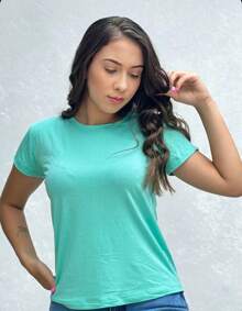 Women's Plain Knit T-Shirt In Various Colors - nước xanh - Xem 1