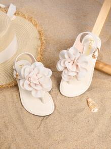 幼儿/小女孩 2025 年夏季新款时尚百搭圆头人字凉鞋，带大花，平底，防滑，适合海滩和家居穿着 - 白色 - 查看 4