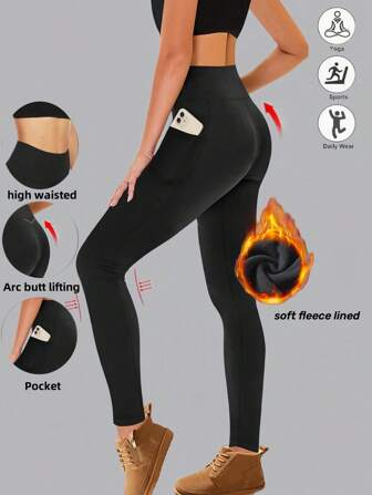 Leggings con vita alta, con tasche e fodera termica per le donne, pantaloni traspiranti per sport/yoga, adatti per l'autunno/inverno