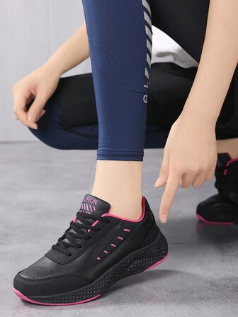 女士休闲运动鞋，新款春秋真皮舒适跑步鞋，低帮系带防水黑色慢跑鞋