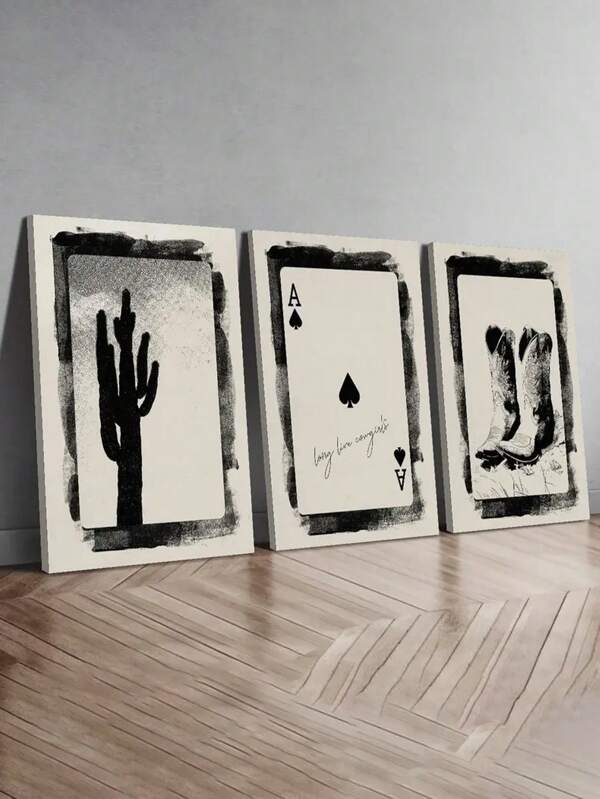 Western Vibes 3pcs Canvas Wall Art Set - Cowboy Boots, Ace Of Spades & Cactus Prints Modern Farmhouse Decor For Living Room, Bedroom, Office Black & Beige Frames Included,Poster Gifts Birthday Graduation