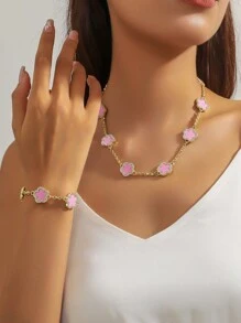 yhvmcl 1 pieza Elegante conjunto de collar de cadena multicapa de flor de cinco pétalos de metal minimalista para mujeres