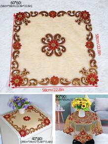 1pc Flower Embroidered Tablecloth, Vintage Polyester Anti-slip Table Cloth For Home - Champagne - View 2