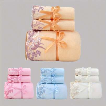 3pcs Set: Lace Edge Towel + Bath Towel, Microfiber Soft Quick Dry Non-Shedding Non-Fading, Luxury Elegant Advertising Gift Daily Towel Set Home Bathroom Decor Fall Decor Back To School For Beauty Salon Home Bathroom Shower Towels For Beauty Salon, Hotel Sports,Home Essentials, Towel, Skin Care Bath Towel Sheet