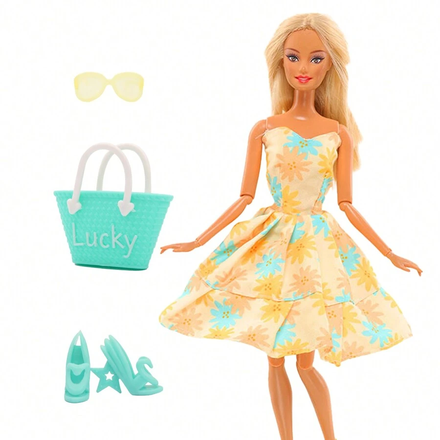 11.5 英寸娃娃优雅服装套装，包括 1 件露肩连衣裙、1 副太阳镜、1 个包和 1 双鞋子（不包括娃娃），非常适合节日礼物 - 多色 - 查看 1