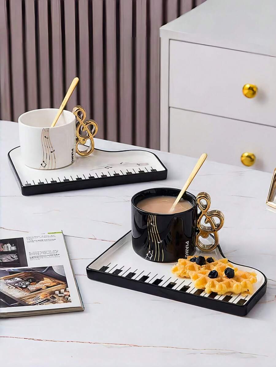 1 pezzo tazza e piattino in ceramica, con chiavi di pianoforte dipinte a mano e pentagramma musicale, set artistico e retrò per tè pomeridiano e dessert, tazze e piattini creativi e personalizzati per bevande, adatti per ristorante, caffè, soggiorno, ufficio