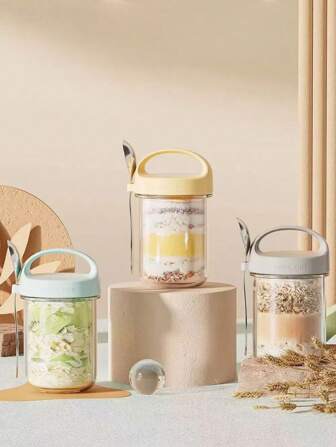 1pc/2pcs Overnight Oats Cup, Sealed With Lid Yogurt Cup, 430ml Glass Salad Jar, Smoothie Cup With Spoon, Portable Breakfast Cup