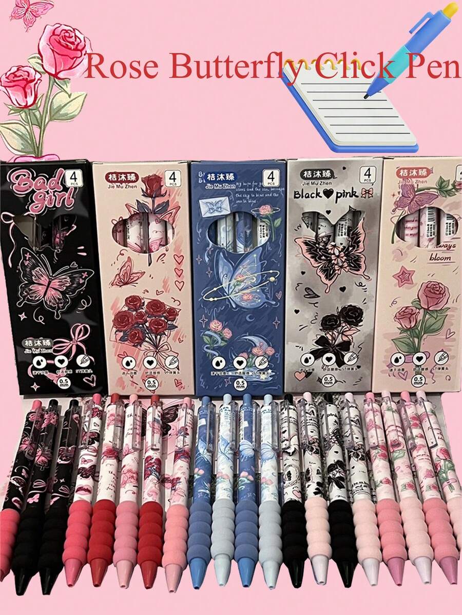 4pcs Rose & Butterfly Design High-Quality Student/Office/Business Black Ballpoint Pens
