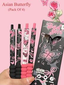 4pcs Rose & Butterfly Design High-Quality Student/Office/Business Black Ballpoint Pens