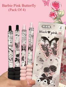 4pcs Rose & Butterfly Design High-Quality Student/Office/Business Black Ballpoint Pens