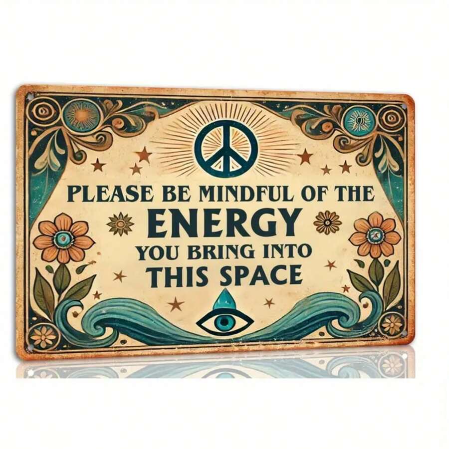 8x12 英寸“Mindful Energy”复古金属锡标牌 - 墙面装饰采用花卉和水元素设计，宁静而精神，非常适合家庭、咖啡厅、酒吧、车库和户外空间 - 彩色 - 查看 1
