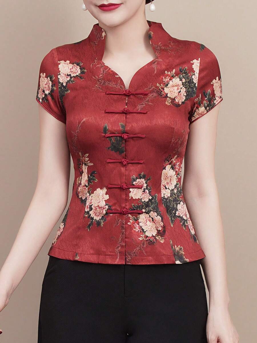 Peony Pattern Symbolizes Wealth And Prosperity. This Short-Sleeved Cheongsam-Style Shirt Is Perfect For Spring/Summer 2026. It Features A Modern Chinese Style, Tang Suit Design, And Is Lightweight, Asian Sizing, Non-Stretch, And Unlined. It's An Elegant Women's Garment, Suitable For The Year Of The Horse Spring Festival/Carnival/New Year's Eve. Ideal For Travel, Everyday Wear, Casual Occasions, Social Events, Vacations, Activities, And Holidays. - Multicolor - View 1