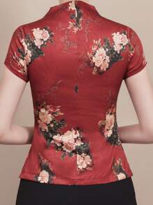 Peony Pattern Symbolizes Wealth And Prosperity. This Short-Sleeved Cheongsam-Style Shirt Is Perfect For Spring/Summer 2026. It Features A Modern Chinese Style, Tang Suit Design, And Is Lightweight, Asian Sizing, Non-Stretch, And Unlined. It's An Elegant Women's Garment, Suitable For The Year Of The Horse Spring Festival/Carnival/New Year's Eve. Ideal For Travel, Everyday Wear, Casual Occasions, Social Events, Vacations, Activities, And Holidays. - Multicolor - View 5