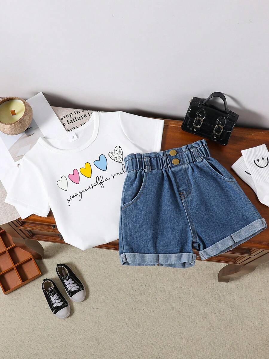 Young Girl Heart Print Short Sleeve T-Shirt And Denim Shorts 2 Pieces Set