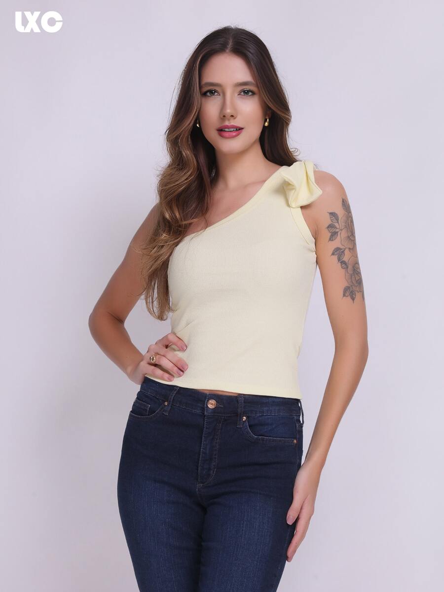 LXC Slim Fit One Shoulder Top, Solid One Shoulder Tops Discover Unique Charm - Màu vàng - Xem 1