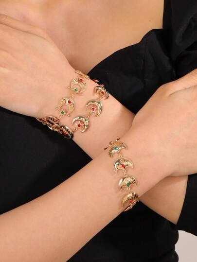 1 件复古波西米亚开斋节新月水晶串珠手链，女士派对婚礼配饰礼物