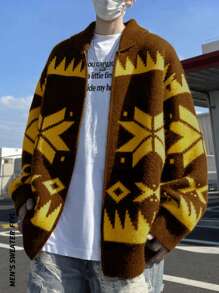 Men's Vintage Diamond Pattern Jacquard Knit Sweater, Loose Fit, Zip-Up, Dropped Shoulder, Suitable For Autumn And Winter - Brown - View 1