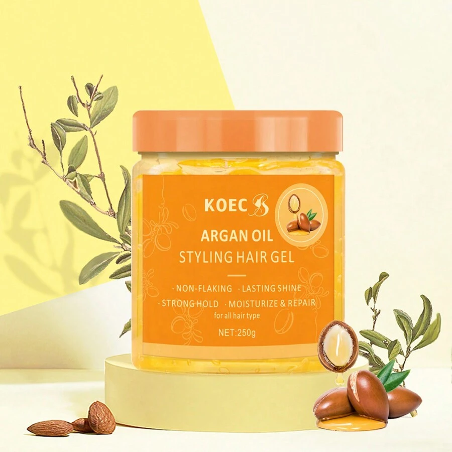 KOEC 摩洛哥坚果油定型发胶 250g，促进头发健康，适合紧密卷发、辫子、扭转和洗发即用的造型，滋养和修复头发，带来持久的光泽，提供最大程度的定型效果，并有助于抚平毛躁，适合所有头发 - 橘色 - 查看 1