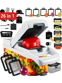 26 合 1 带手柄蔬菜切碎机、多功能蔬菜切片机和切丝机、螺旋切片机、曼陀林切片机、带容器的水果沙拉切丁机、适用于番茄、土豆、大蒜、蔬菜、胡萝卜、厨房工具