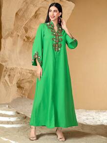 Handmade Baroque Shape Faux Pearl Decor Long Sleeve Casual Comfortable Breathable Moisture-Wicking Arabic Style Dress