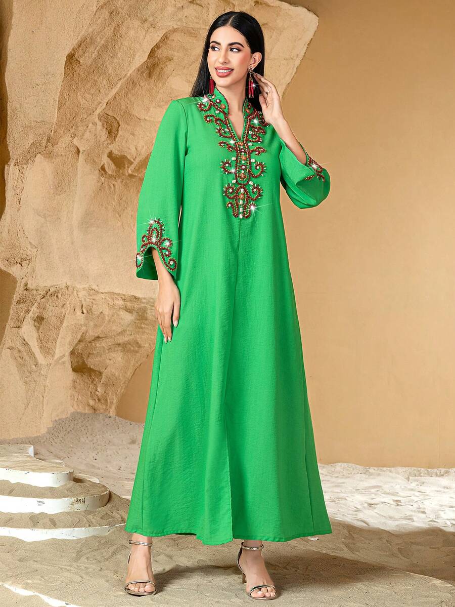 Handmade Baroque Shape Faux Pearl Decor Long Sleeve Casual Comfortable Breathable Moisture-Wicking Arabic Style Dress