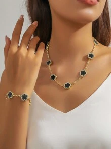 yhvmcl 1 pieza Elegante conjunto de collar de cadena multicapa de flor de cinco pétalos de metal minimalista para mujeres
