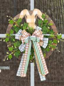 1pc Easter Bunny Wreath Home Decor, Front Door Hanger With Rabbit Wheel And Ribbon Design, Suitable For Holiday Atmosphere Scenes And Window/Wall Decor, Classic Outdoor Decoration Gift - Multicolor - View 4