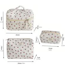 Set de 3 bolsas de maquillaje acolchadas, bolsa de cosméticos de seda con cinta de moño, gran bolso de flores para mujeres, bolsa de maquillaje de algodón con flores, bolsa de aseo de viaje