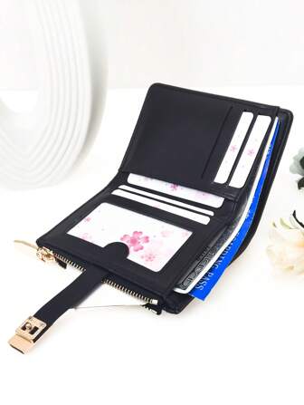 女士短款拼色钱包，复古牛仔纹理多功能卡包，别致按扣开合年轻学生大容量拉链零钱包，轻巧时尚携带方便，适合作为节日礼物