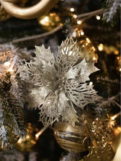 2pcs/6pcs/10pcs Glitter Christmas Poinsettia Flowers, Multi-Color Artificial Poinsettias With Clips, Hollow Glittery Poinsettia Flowers, Christmas Decorations, Holiday Accessories, Christmas Tree, Wreaths, Glitter Poinsettia Ornaments, Holiday Decor DIY Wreaths, Party Decorations,Christmas