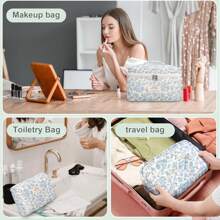 3 pièces Sac de maquillage capitonné, grand sac de maquillage à fleurs avec ruban de soie pour femmes, ensemble de sacs de maquillage en coton avec nœud, sac de toilette de voyage à fleurs