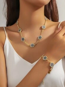 yhvmcl 1 pieza Elegante conjunto de collar de cadena multicapa de flor de cinco pétalos de metal minimalista para mujeres