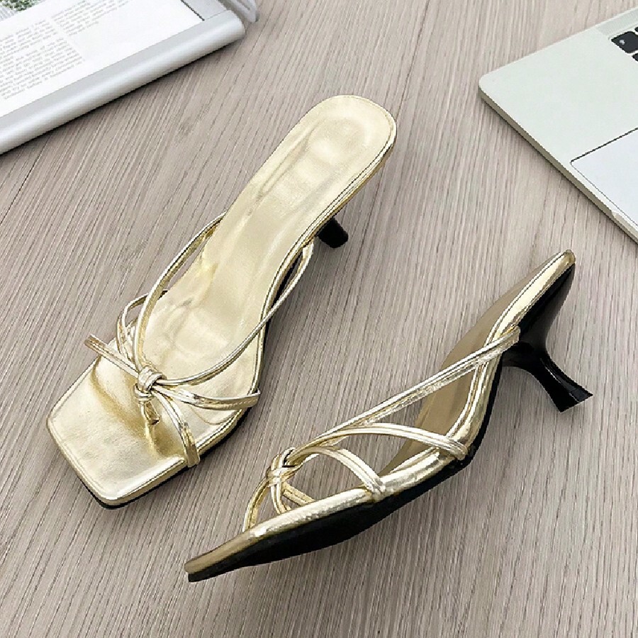 Women's 2024 Summer New French Thong Sandals, Thin Heels Slippers, Gold