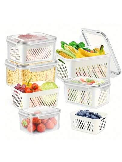 6 件带盖塑料食品储存容器，适用于冰箱，多功能密封盒，用于水果、蔬菜和厨房储存（3 件沥水篮 + 3 件保鲜盒）