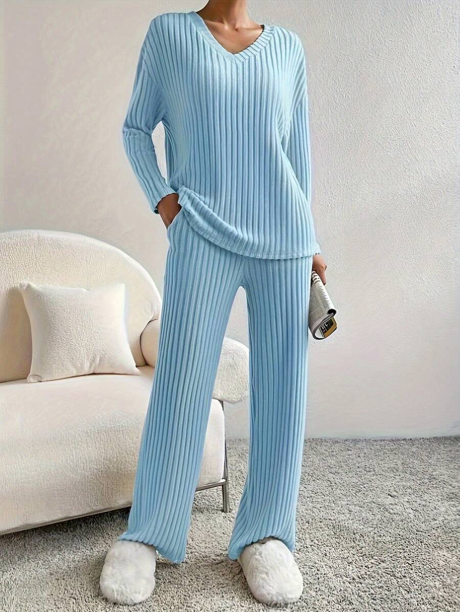 2-Pack Women's Solid Color Ribbed Knit Autumn/Winter Pajama Set -V Neck Long Sleeve Sleepwear & Pants, Outwear-Ready Loungewear For Sports & Home, Minimalist & Chic - 藍色 - 查看 1