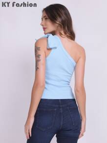 KY FASHION Asymmetrical Neckline Short Sleeve T-Shirt,Fashion Tops One Shoulder Women Blouse - 淺藍色 - 查看 2