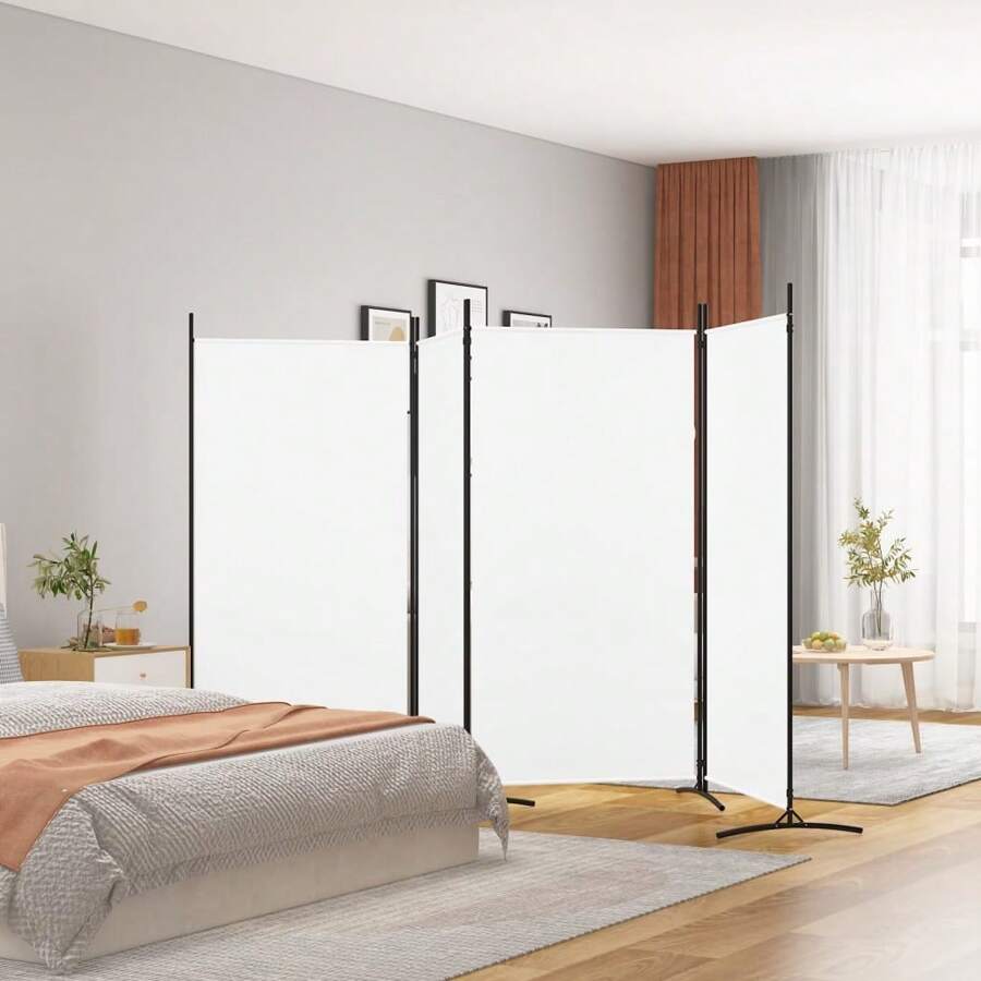 Stunning Four Panel White Fabric Room Divider 346x180 Cm Elegant Screen - White - View 1