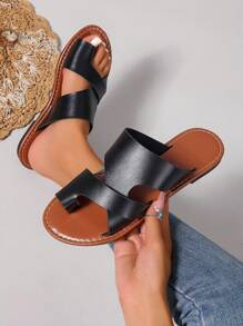 Korean Style Casual Flat Slide Sandals For Women, Open Toe Summer Slippers, Spring & Summer - Black - View 2