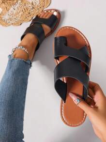 Korean Style Casual Flat Slide Sandals For Women, Open Toe Summer Slippers, Spring & Summer - Black - View 1