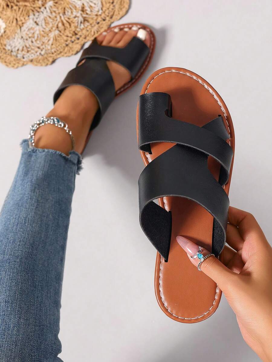 Korean Style Casual Flat Slide Sandals For Women, Open Toe Summer Slippers, Spring & Summer - Black - View 1