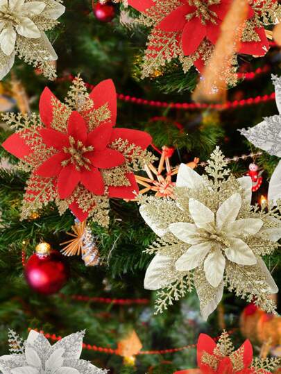 10pcs/2pcs Artificial Glitter Poinsettia Flowers With Clips, Suitable For Christmas, New Year, Wedding, Party, Wreath, Staircase, Window, Fireplace, Christmas Tree Decoration, DIY Wreath, Home Decor, Wedding Party, Christmas Gift Decoration, Christmas Holiday Party Decoration