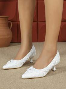 Zapatos de novia con tacón de 5,3 cm de altura, decorados con encaje y flores, bombas para fiestas de boda blancas para mujeres - Blanco - Ver 2
