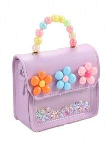 1pc Multi-Color Cute Floral & Pearl Handbag, Girls' Shoulder Bag, Suitable For School, Campus, Card Holder, Coin Purse, Versatile Daily Use, Gift - Mauve Purple - View 7